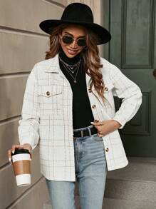 SHEIN LUNE Plaid Flap Pocket Drop Shoulder Tweed Overcoat Fall Cloth For Women - White - View 4