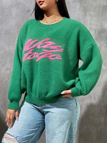 SHEIN EZwear 大碼字母圖案落肩袖套頭毛衣 - 綠色 - 查看 4