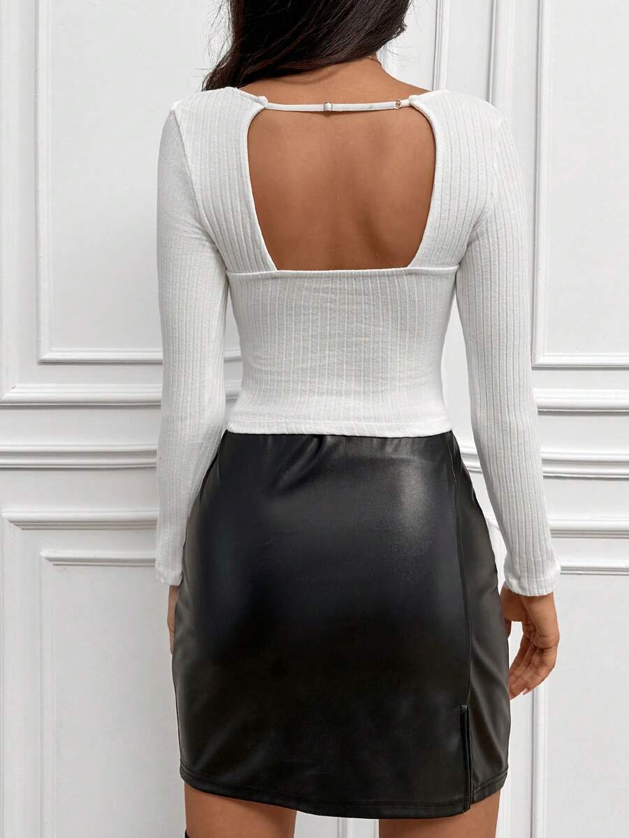 EURMUSE Áo thun cổ lọ hở lưng rắn chắc - trắng - Xem 1