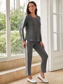 EMERY ROSE Contrast Sequin Tee & Pants - Grey - View 4