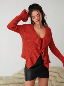 SHEIN Privé Viền Ruffle Tay áo loe Nút phía trước Áo len Mở - Rỉ Nâu - Xem 6