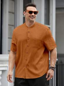 GENTILAND Loose Plus Size Men's Solid Color Button Up Pocket Patched Shirt - Brown - View 1