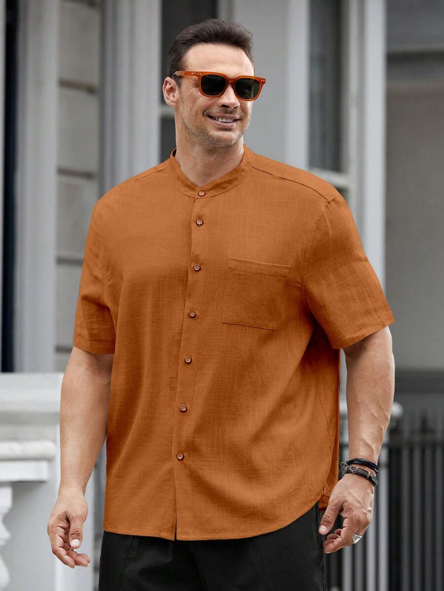 GENTILAND Loose Plus Size Men's Solid Color Button Up Pocket Patched Shirt - Brown - View 1