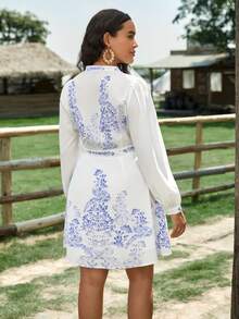 SHEIN VCAY Cộng với váy tay áo in hoa - Xanh và trắng - Xem 6