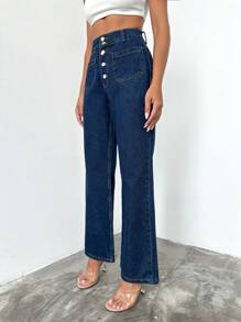 EURMUSE Button Fly Flare Leg Jeans - Dark Wash - View 4