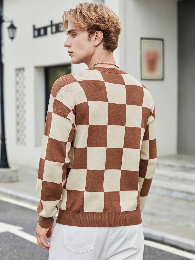 Men Checker Pattern Drop Shoulder Sweater, For Fall Winter