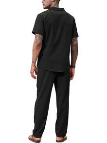 Men Solid Lapel Neck Shirt & Drawstring Waist Pants - Black - View 2