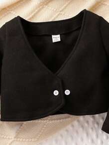 女嬰素色夾克&拼接領連身褲 - 黑色 - 查看 4