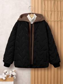 SHEIN Tween Boy 2 In 1 Zip Up Quilted Coat Without Tee - Black - View 4