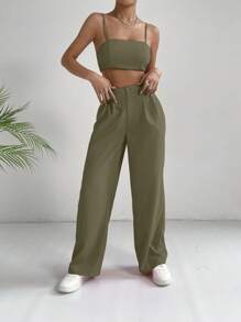 SHEIN EZwear 素色吊帶上衣&褶皺長褲 - 軍綠色 - 查看 3