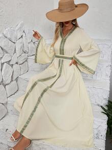 Geo Tape Flare Sleeve Dress - Apricot - View 4