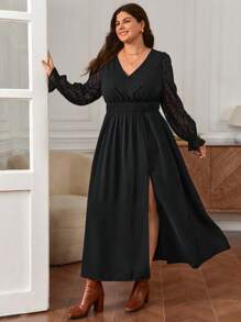 SHEIN Frenchy Plus Contrast Mesh Flounce Sleeve Split Thigh Dress - Black - View 3