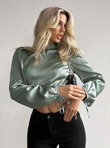 Firerie Ruffle Trim Tie Backless Knot Cuff Crop Satin Blouse,Long Sleeve Tops - Green - View 5