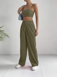 SHEIN EZwear 素色吊帶上衣&褶皺長褲 - 軍綠色 - 查看 6