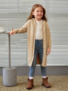 SHEIN Cô Gái Trẻ Thả vai áo có mũ Áo len Mở - Màu Khaki - Xem 3