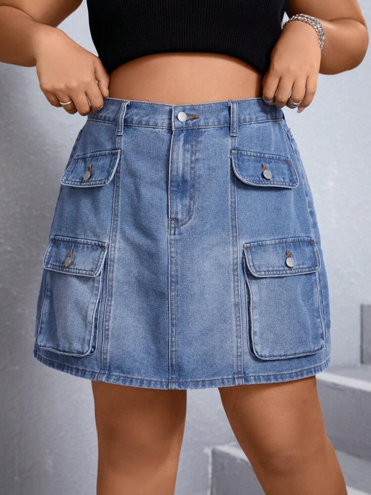 Coolane Plus Flap Pocket Denim Skirt - Medium Wash - View 5