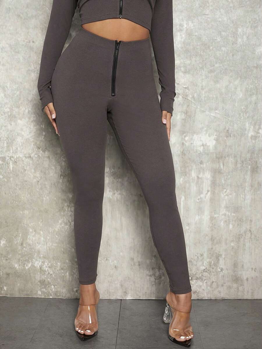SHEIN SXY Zip Fly Solid Leggings