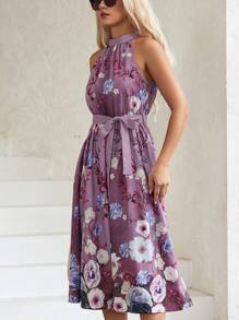 SHEIN Clasi 印花腰帶掛脖洋裝 - 紫色 - 查看 3