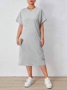 SHEIN Essnce Plus Solid Batwing Sleeve Tee Dress - Light Grey - View 6