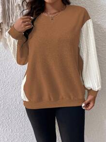SHEIN LUNE Plus Colorblock Lantern Sleeve Sweatshirt Graduation,Back To School,Graduation,Teacher For Women,Back To School Pullover Fall Winter Sweatshirt Autumn - Brown - View 5