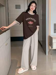 DAZY 字母图案撞色饰边落肩休闲套装睡衣 - 棕色 - 查看 3