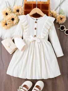 SHEIN 女小童荷葉邊前蝴蝶結洋裝 - 米色 - 查看 1