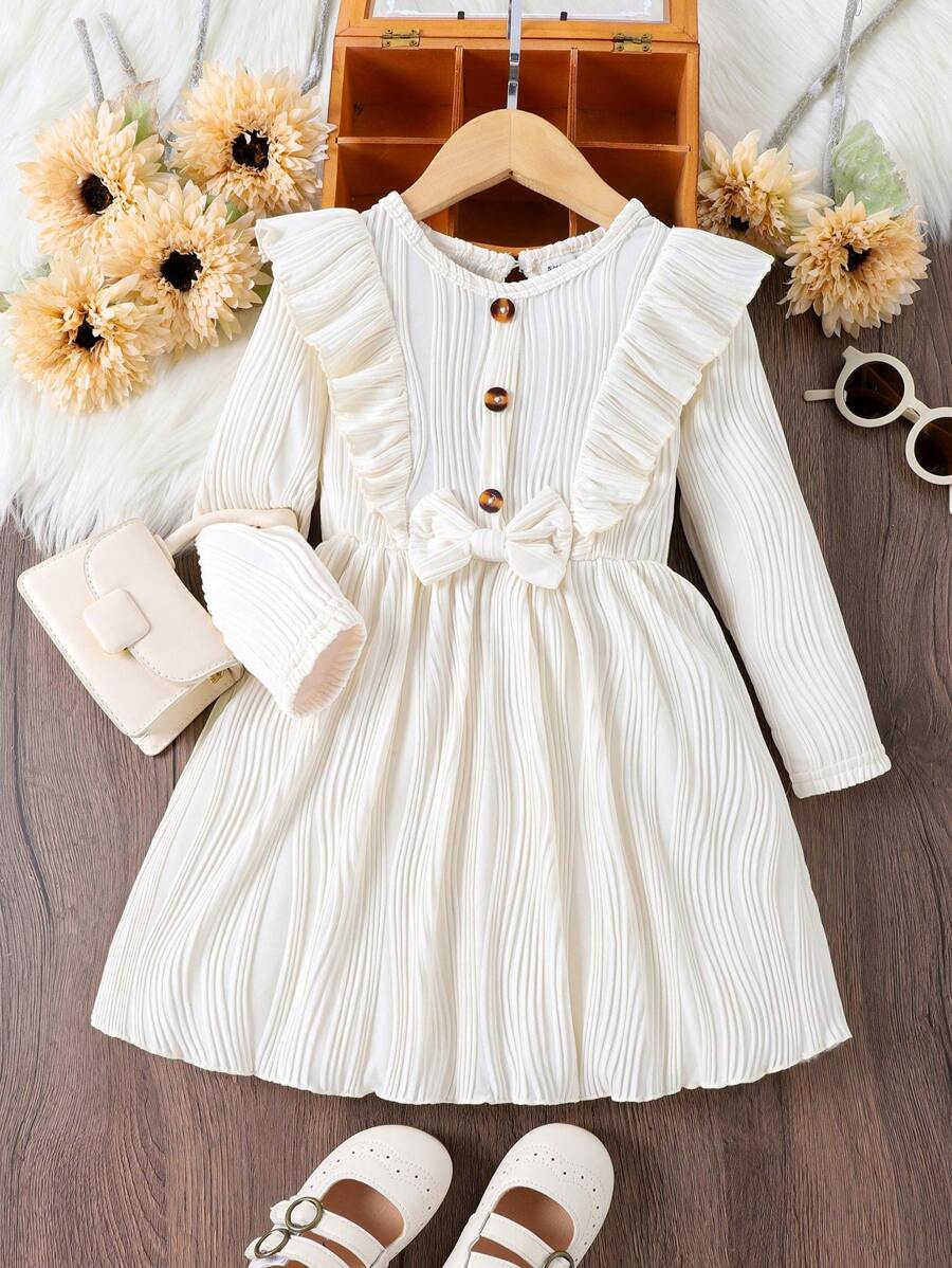 SHEIN 女小童荷葉邊前蝴蝶結洋裝 - 米色 - 查看 1