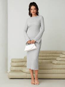 SHEIN Essnce Lettuce Trim Flounce Sleeve Bodycon Dress - Grey - View 1