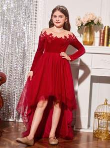 SHEIN 女大童網紗拼接高低下擺派對禮服適用於聖誕 - 紅色 - 查看 5