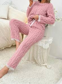 Lace Trim Flannel PJ Set - Pink - View 6