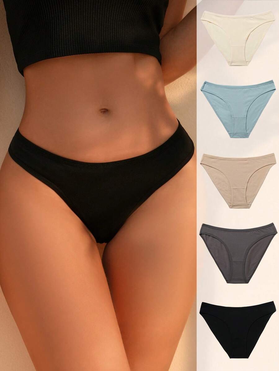 SHEIN Women Casual Multicolor Plain Knitted Fabric Medium Stretch Briefs Bikini Panties Underwear 5 Pack Set - Multicolor - View 1