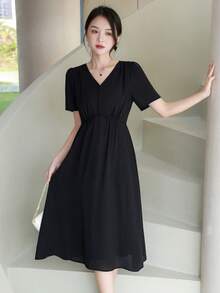 Solid V Neck Puff Sleeve Dress - Black - View 4