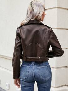 SHEIN LUNE Zip Up Belted PU Moto Jacket - Brown - View 2