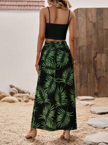 Breezaya Chất rắn Cami ngọn & Bản in nhiệt đới Tách đùi Váy - màu đen - Xem 2