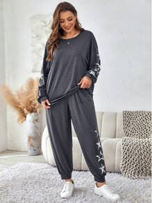 SHEIN LUNE 大碼星星印花落肩袖衛衣和衛褲 - 深灰色 - 查看 2