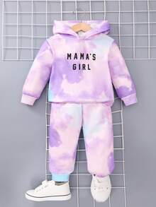 SHEIN 女小童紮染字母圖案連帽衫和運動褲 - 紫色 - 查看 8