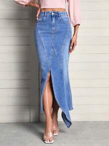 SHEIN LUNE High Waist Asymmetrical Hem Denim Skirt - Medium Wash - View 1