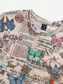 SHEIN EZwear 大碼報紙印花網紗上衣 - 彩色 - 查看 4