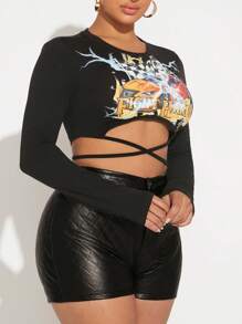 SHEIN SXY Letter & Car Print Crisscross Tie Back Crop Top - Black - View 5