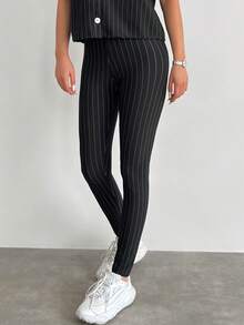 EURMUSE Striped Print Skinny Pants - Black - View 5