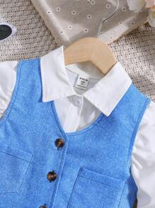 SHEIN Young Girl Puff Sleeve Shirt & Button Front Vest - Multicolor - View 7