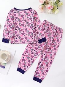 Kleines Mädchen Pyjama Set Herzen Muster, Kontrast Saum