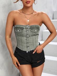 SHEIN Unity Top en mezclilla con bolsillo con solapa con botón delantero tubo - Verde Oliva - Ver 5