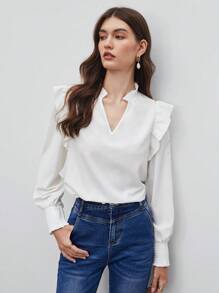 BizChic Notched Neck Ruffle Trim Blouse - White - View 1