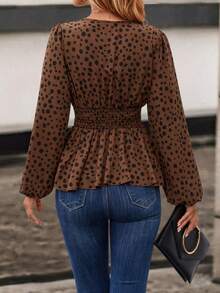 SHEIN Clasi Dalmatian Print Lantern Sleeve Peplum Blouse - Brown - View 2