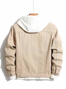 Manfinity Homme 男士长袖翻盖口袋牛仔夹克（无帽），秋季款 - 卡其色 - 查看 2