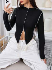 SHEIN EZwear 頂針下擺開叉T恤 - 黑色 - 查看 5