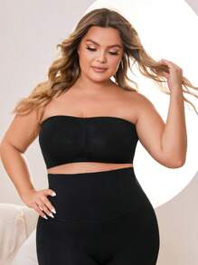 NudeFit Plus Size Black Strapless Tube Top And High Waist Shorts Casual Knitted Outfit Set Comfortable Stretch Plain Design - Black - View 5