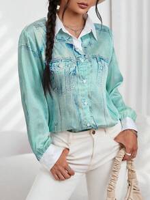 SHEIN Essnce Denim-Effect Print Shirt - Blue - View 5