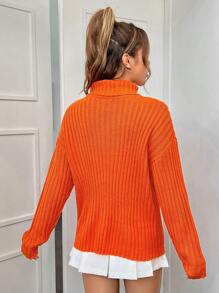 SHEIN EZwear Turtleneck Drop Shoulder Sweater In Fall/Winter - Orange - View 2